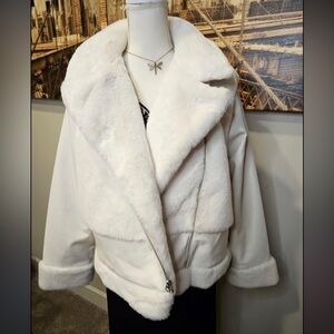 Nine West Cream Faux Fur Moto Jacket Coat Size Large L